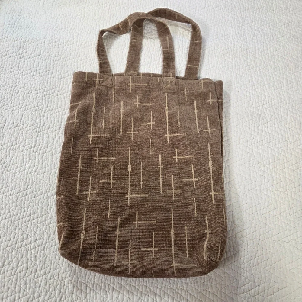 Brown Corduroy Abstract Cross Print‎ Tote Bag Minimalist Boho Shopper Handbag